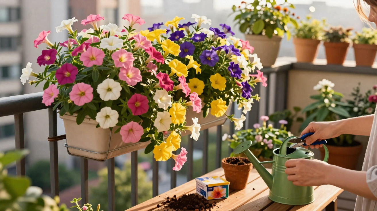 Varanda com flores coloridas em vasos e pessoa a regar plantas com regador verde.