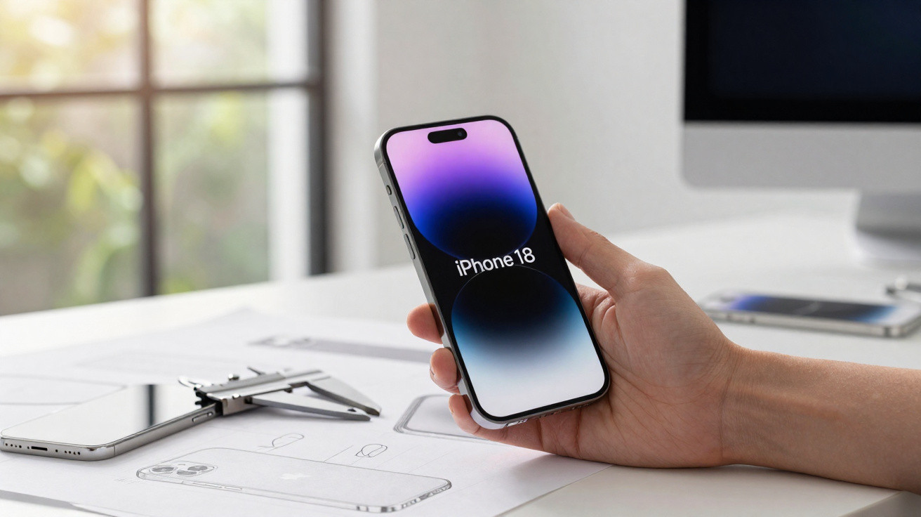 Pessoa segurando um iPhone 18 com ecrã ligado sobre secretária com desenhos técnicos e computador.