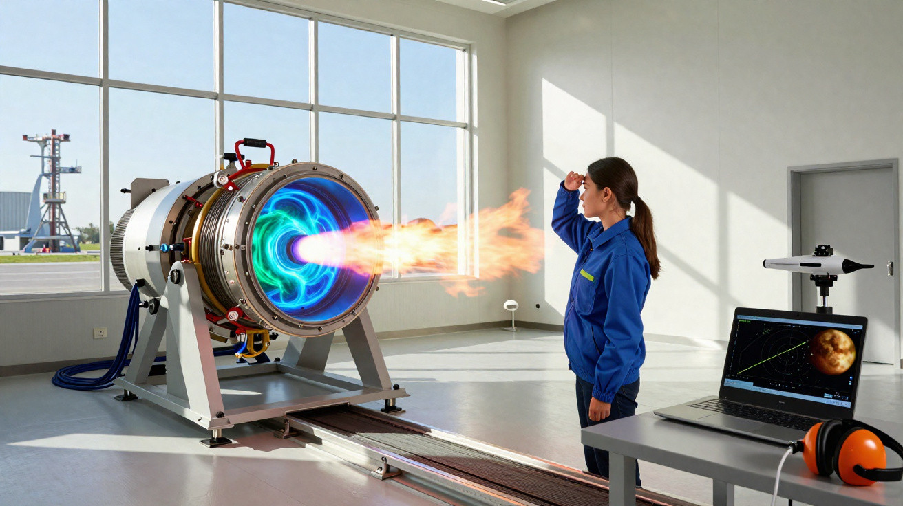 Mulher de azul observa teste de motor a jato com chama azul e laranja em laboratório claro com janela grande.