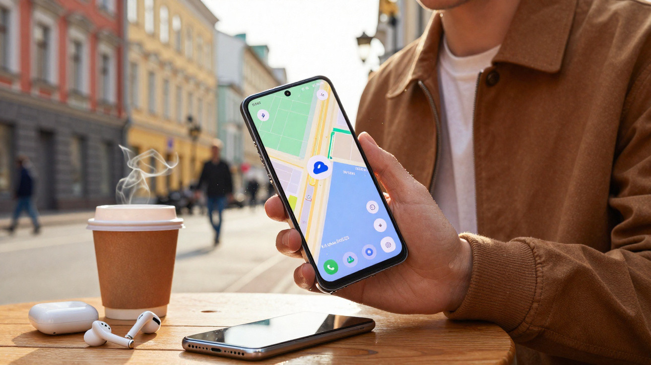 Pessoa a segurar smartphone com mapa aberto, mesa com café, auscultadores e outro telemóvel numa rua urbana.