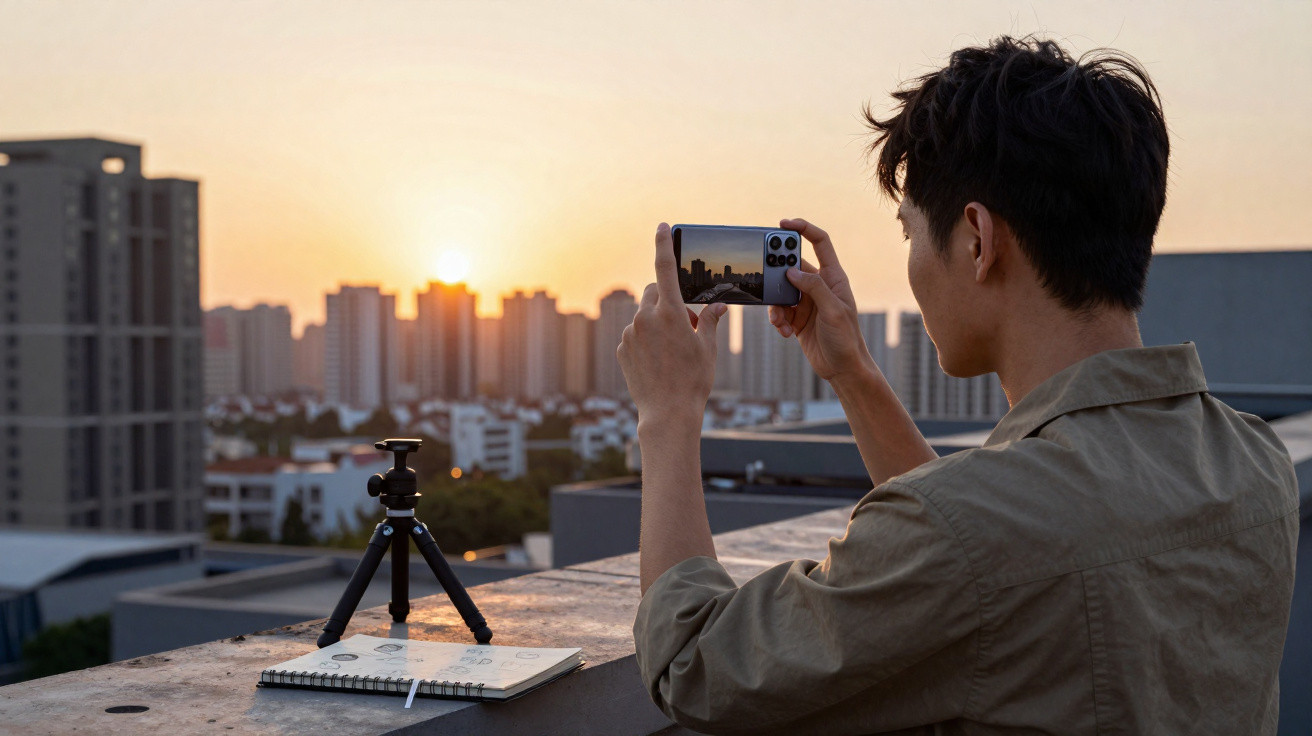 Homem a tirar foto do pôr do sol na cidade com smartphone numa varanda, ao lado de caderno e tripé.