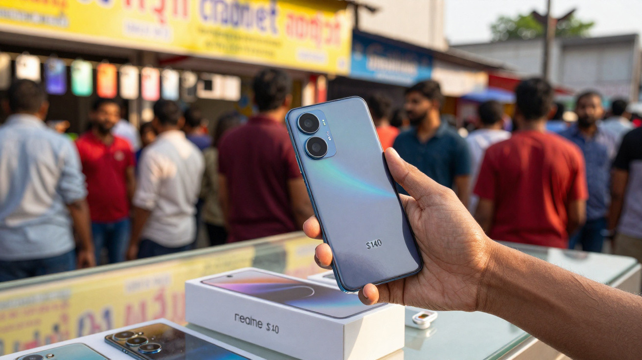 Pessoa a segurar telemóvel realme S14 à venda numa loja com pessoas ao fundo desfocadas.