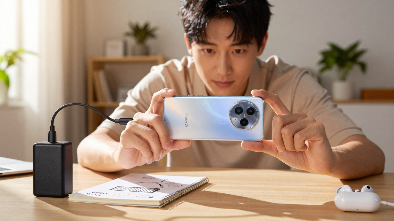 Homem a tirar foto de um caderno com smartphone OPPO ligado a carregador numa mesa com auriculares.