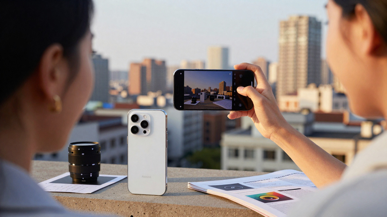 Duas pessoas a fotografar paisagem urbana ao entardecer com smartphone, rodeadas por revistas e lente de câmera.