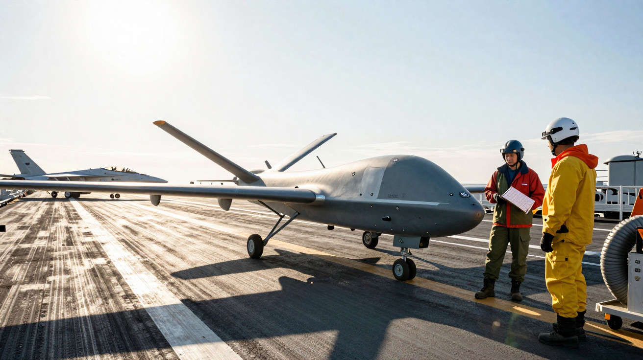 Drone militar cinzento estático numa pista com duas pessoas em equipamentos de voo perto.