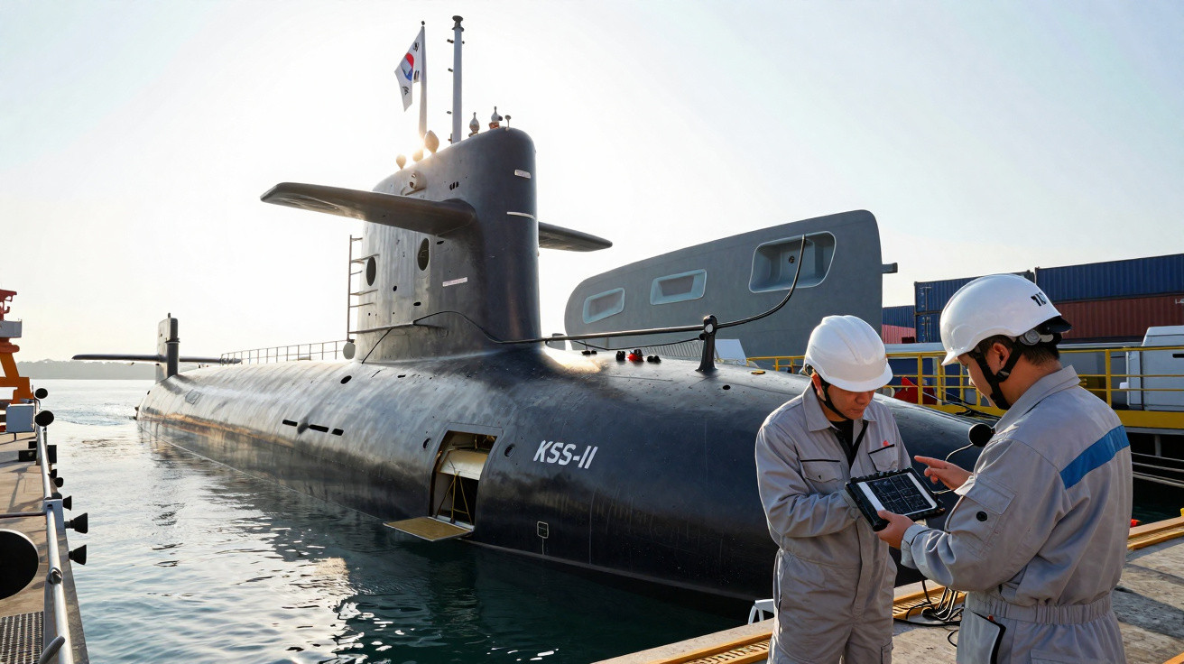 Submarino KSS-II atracado, com duas pessoas de capacete e equipamento técnico junto ao cais.