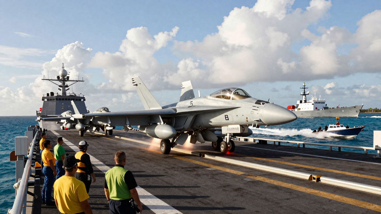 Caça F/A-18 catapultado a partir de porta-aviões com tripulação a observar em alto mar sob céu parcialmente nublado.