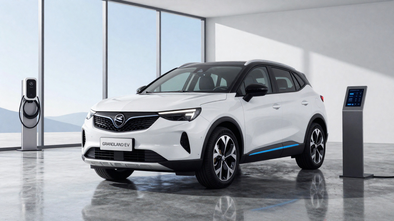 Carro elétrico branco Opel Grandland EV estacionado em sala moderna com carregadores.