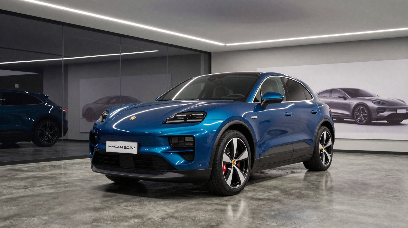 Carro Porsche Macan 2022 azul num showroom com chão cinzento e parede espelhada ao fundo.