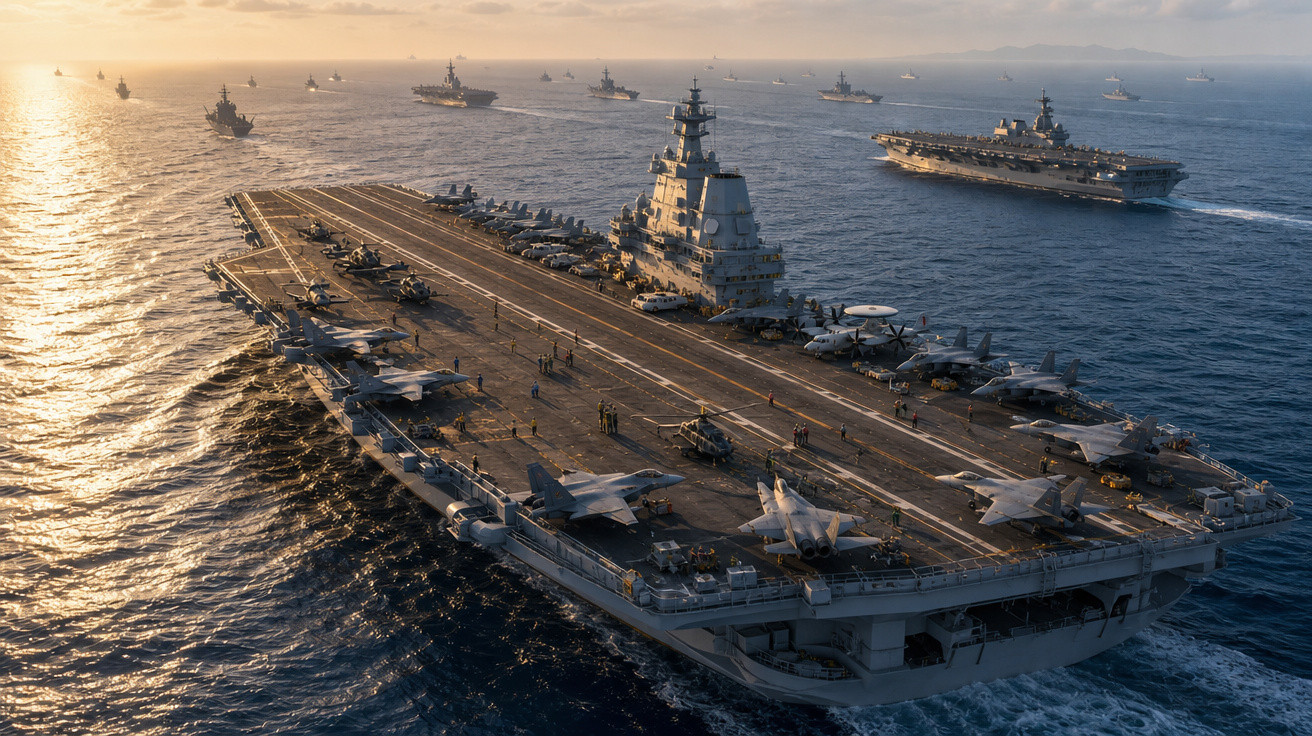 Porta-aviões com vários caças no convés navegando ao pôr do sol, acompanhados por outros navios militares no mar.