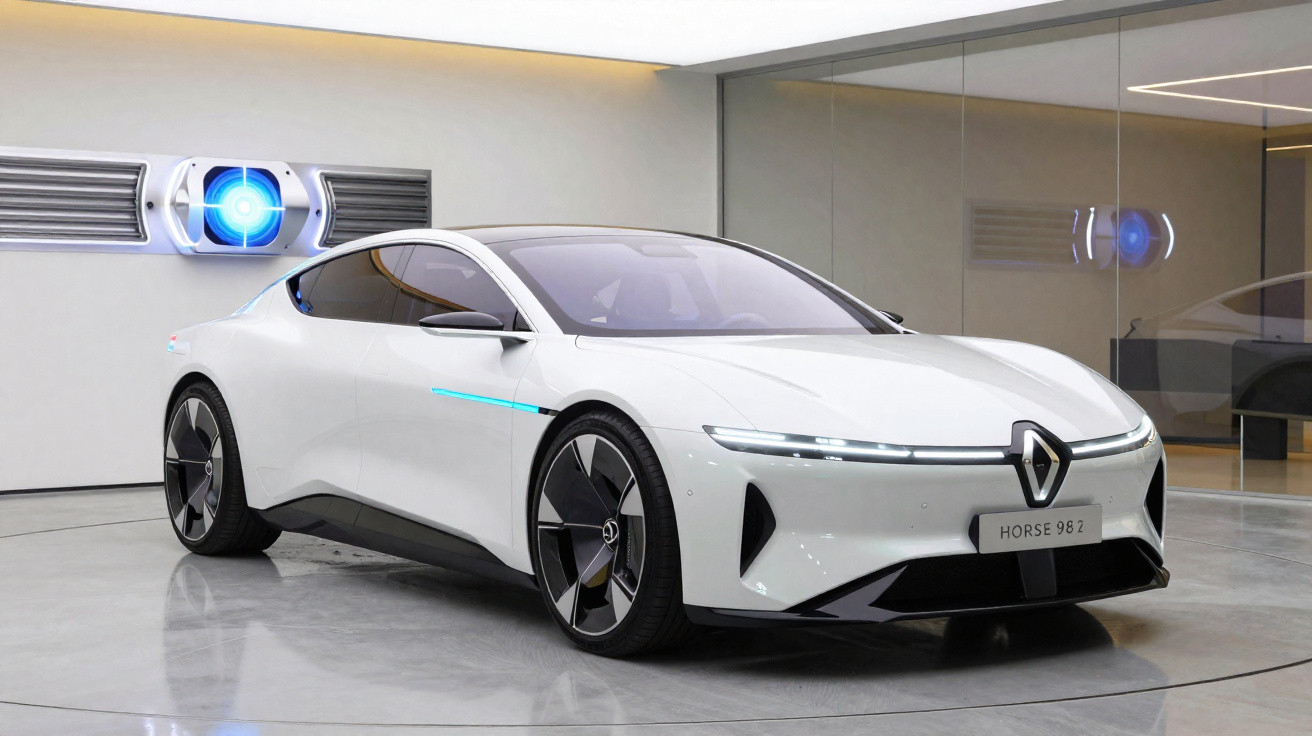 Carro elétrico branco moderno Renault Horse 98 2 estacionado em showroom minimalista com parede de vidro.