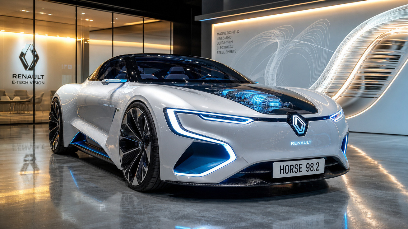 Carro desportivo elétrico Renault E-Tech Vision branco com luzes LED azuis em ambiente moderno e futurista.