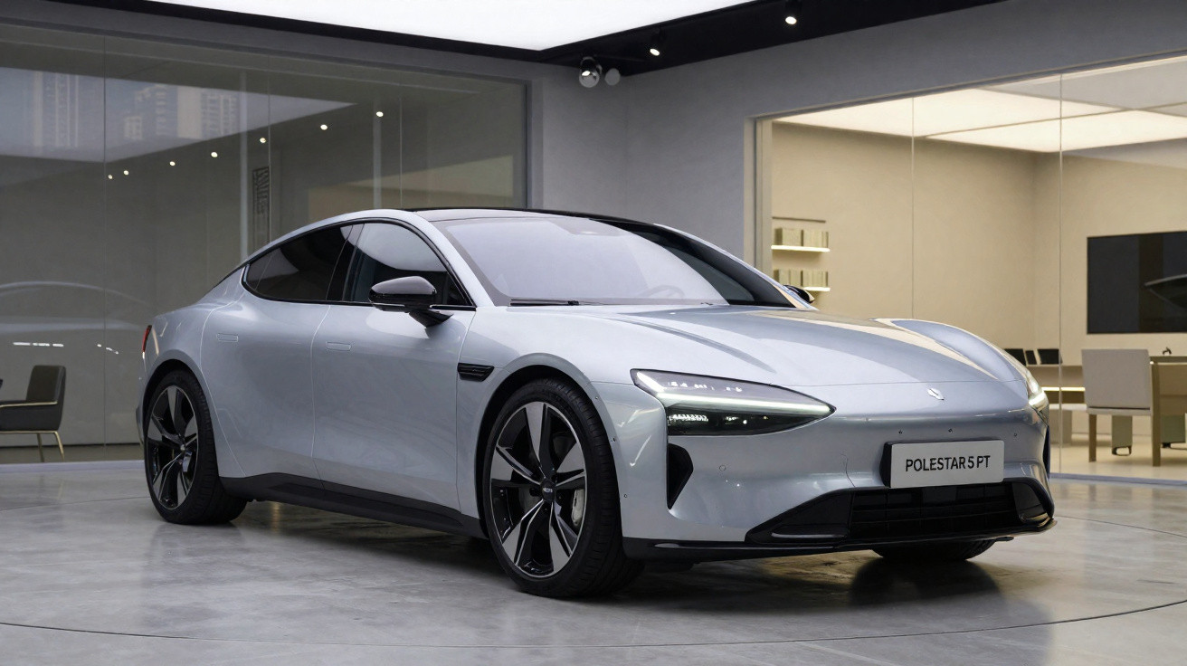 Carro elétrico cinza Polestar 5 PT estacionado em ambiente interior minimalista e moderno.
