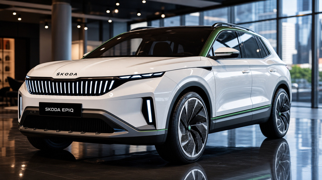 Carro eléctrico Skoda Epiq branco num showroom moderno com vidros amplos e piso espelhado.