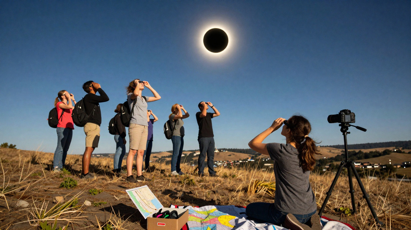 Grupo de pessoas a observar eclipse solar com óculos especiais numa paisagem rural ensolarada.