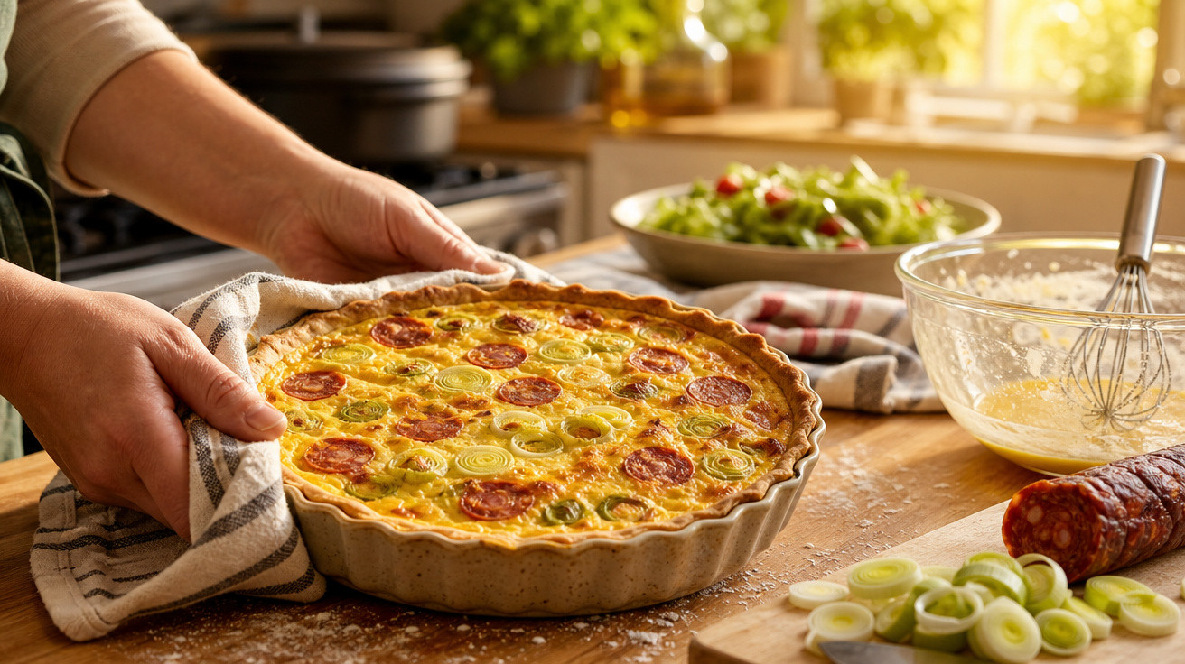 Pessoa retirando da bancada uma tarte salgada com pedaços de chouriço e alho francês, com ingredientes e salada ao fundo.