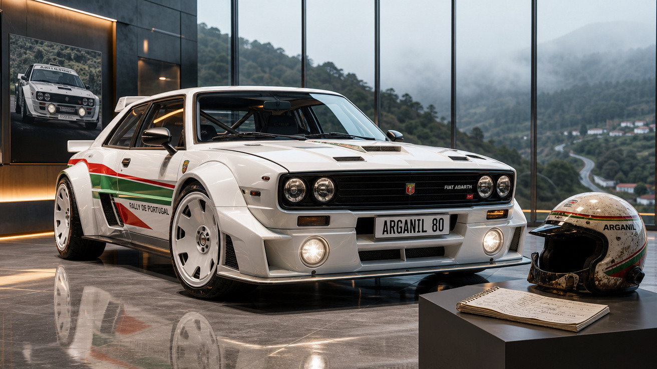 Carro de rali branco Fiat Abarth com faixas verdes e vermelhas, capacete e caderno, exposição interior com vista montanhosa.