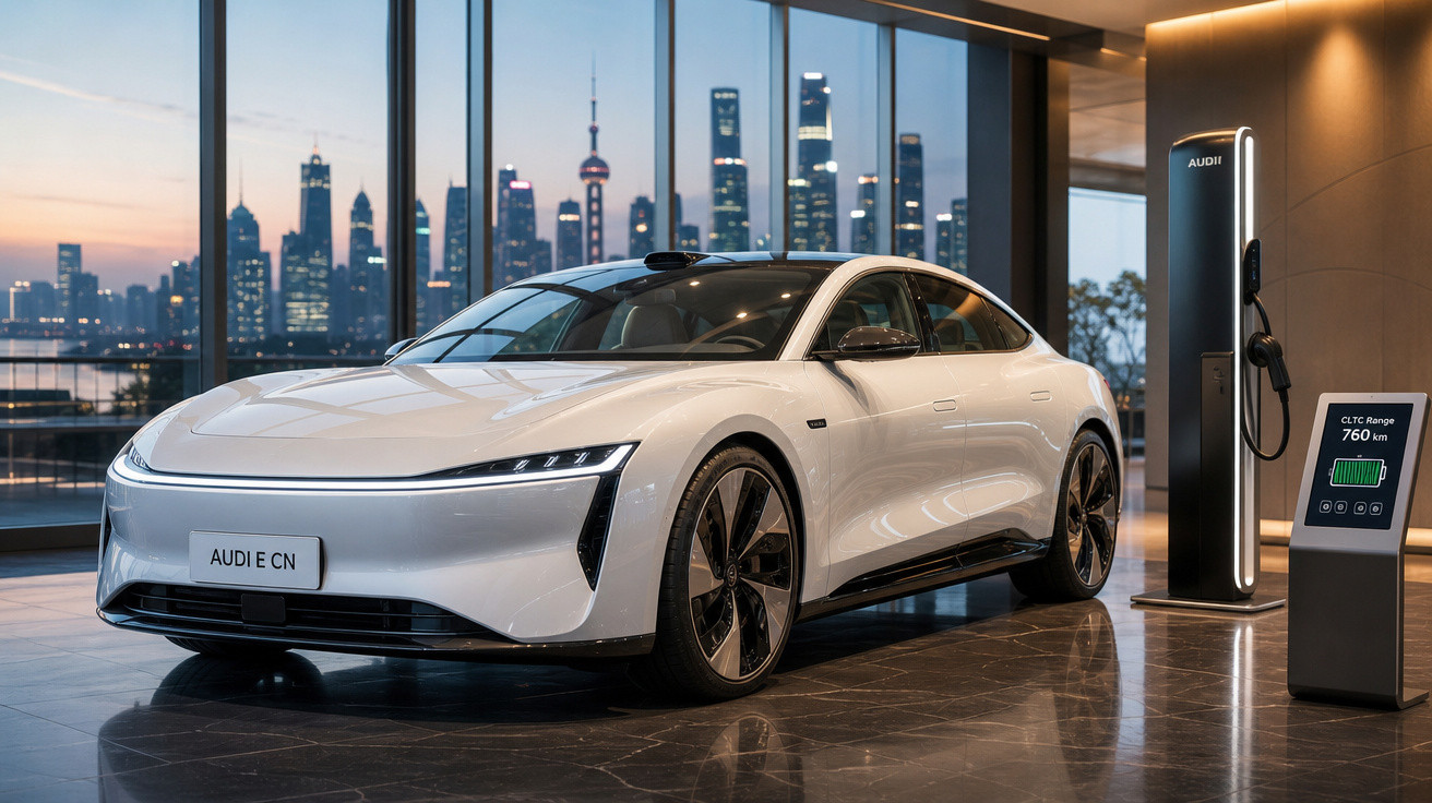Carro elétrico Audi E-tron branco estacionado em interior moderno com carregador e cidade ao fundo ao pôr do sol.