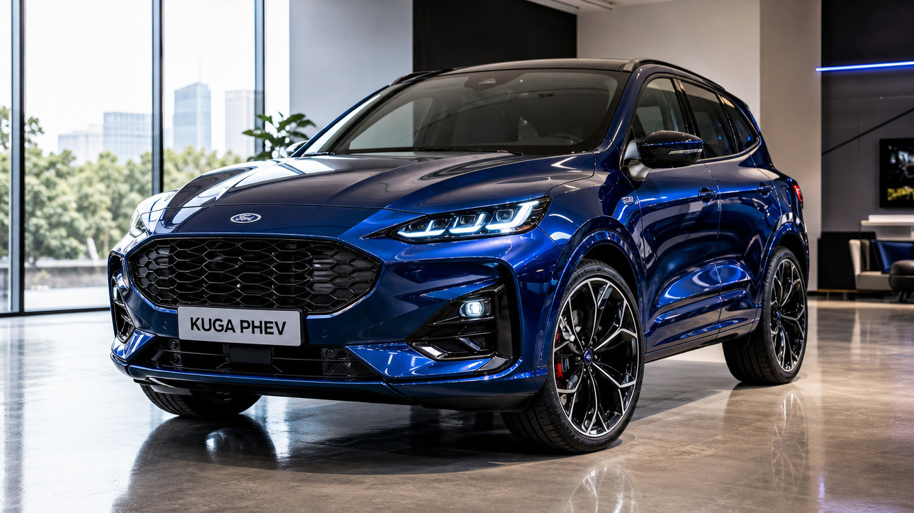 Ford Kuga PHEV azul brilhante em exposição num showroom moderno com chão polido.