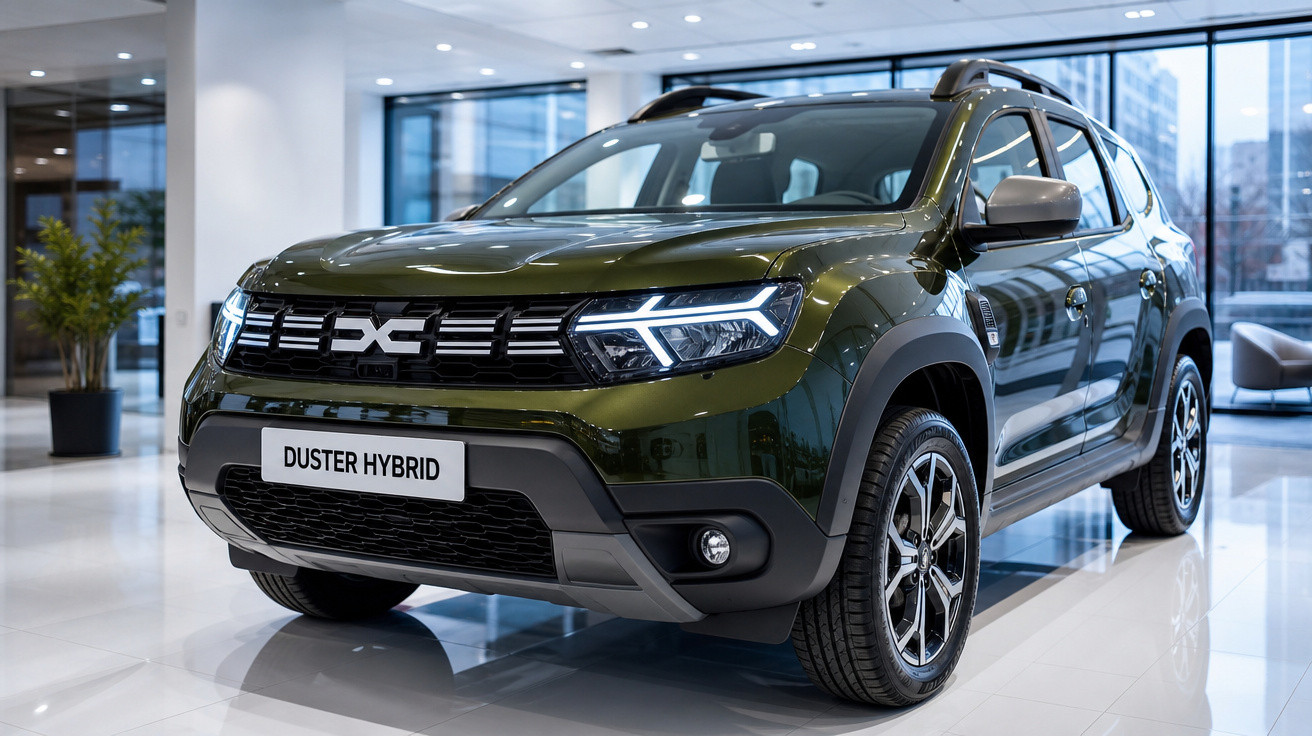Carro Duster Hybrid verde escuro exposto em showroom moderno com piso branco e grandes janelas de vidro.