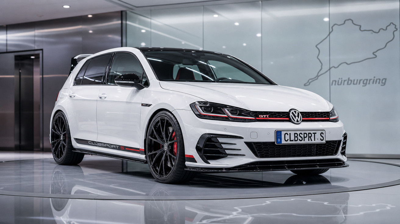 Volkswagen Golf GTI Clubsport S branco, destaque em ambiente moderno com luzes LED e piso refletor.