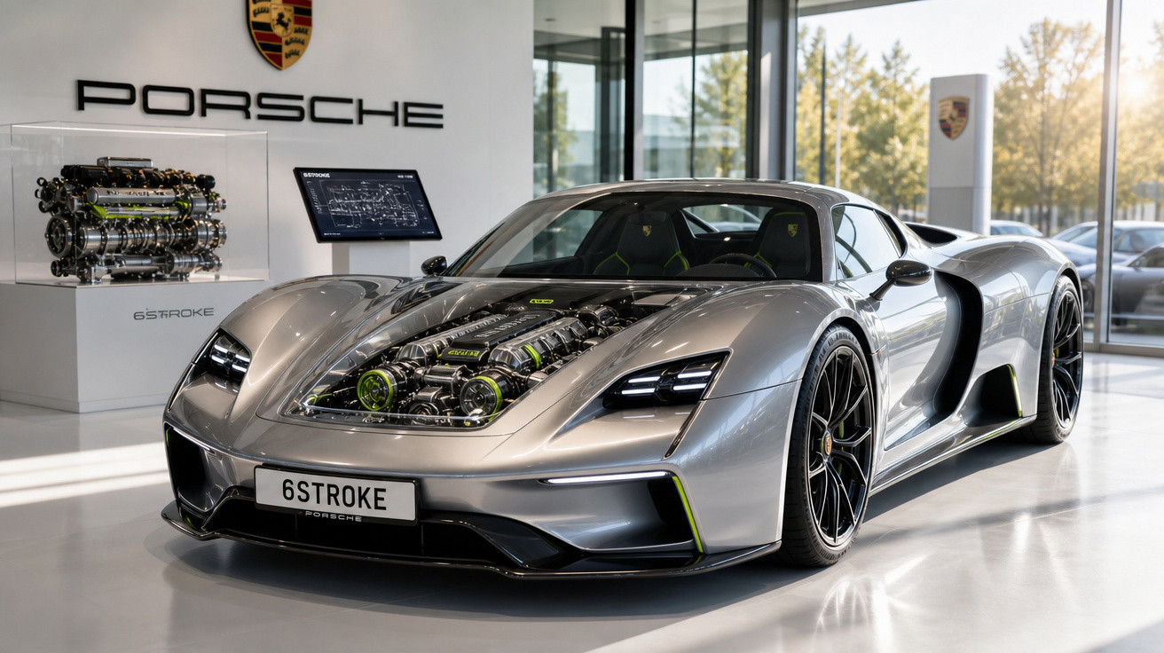 Carro desportivo Porsche prata com motor visível no capô, exposto numa sala de mostra moderna.