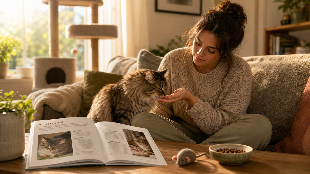 Mulher alimenta gato tigrado dentro de casa, com livro aberto sobre gatos numa mesa em frente.