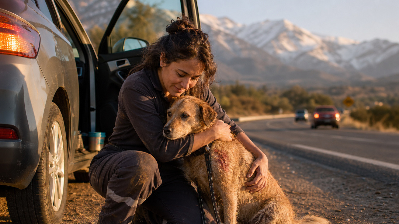 Mulher abraça cão ferido ao lado de carro aberto numa estrada com montanhas ao fundo ao entardecer.
