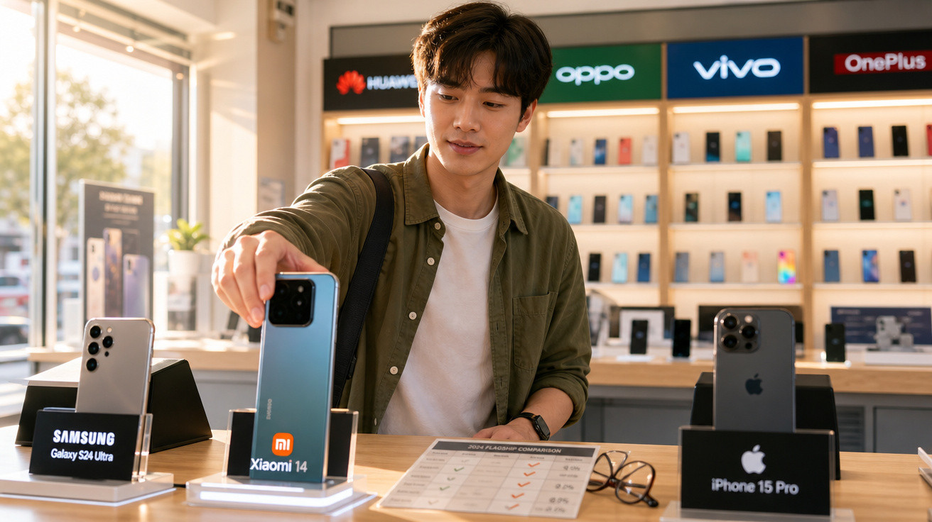 Homem a experimentar smartphone Xiaomi 14 numa loja com vários telemóveis expostos ao fundo.