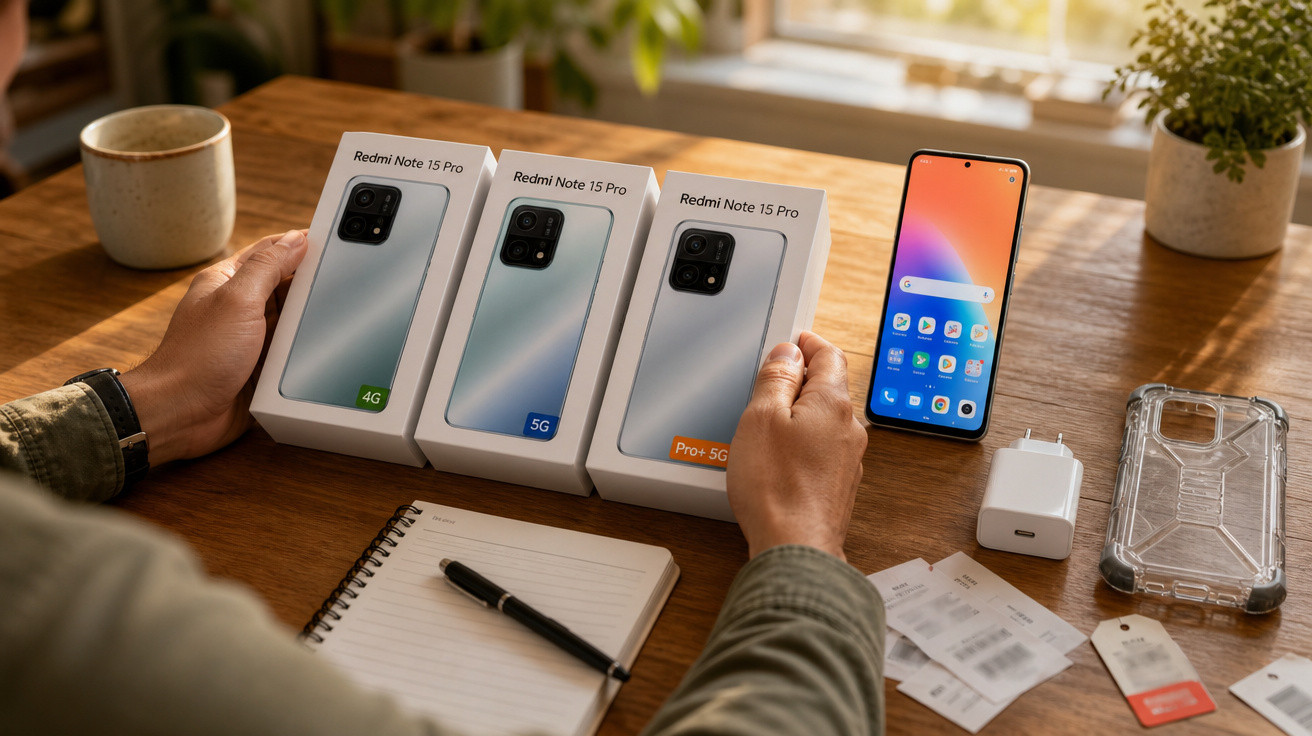 Caixa de três modelos Redmi Note 15 Pro em cima de mesa com telemóvel, carregador, caderno e caneta.