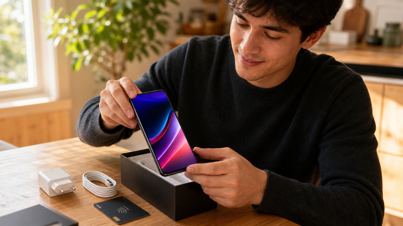 Homem desembrulha novo smartphone com carregador e cabo numa mesa de madeira numa cozinha iluminada.