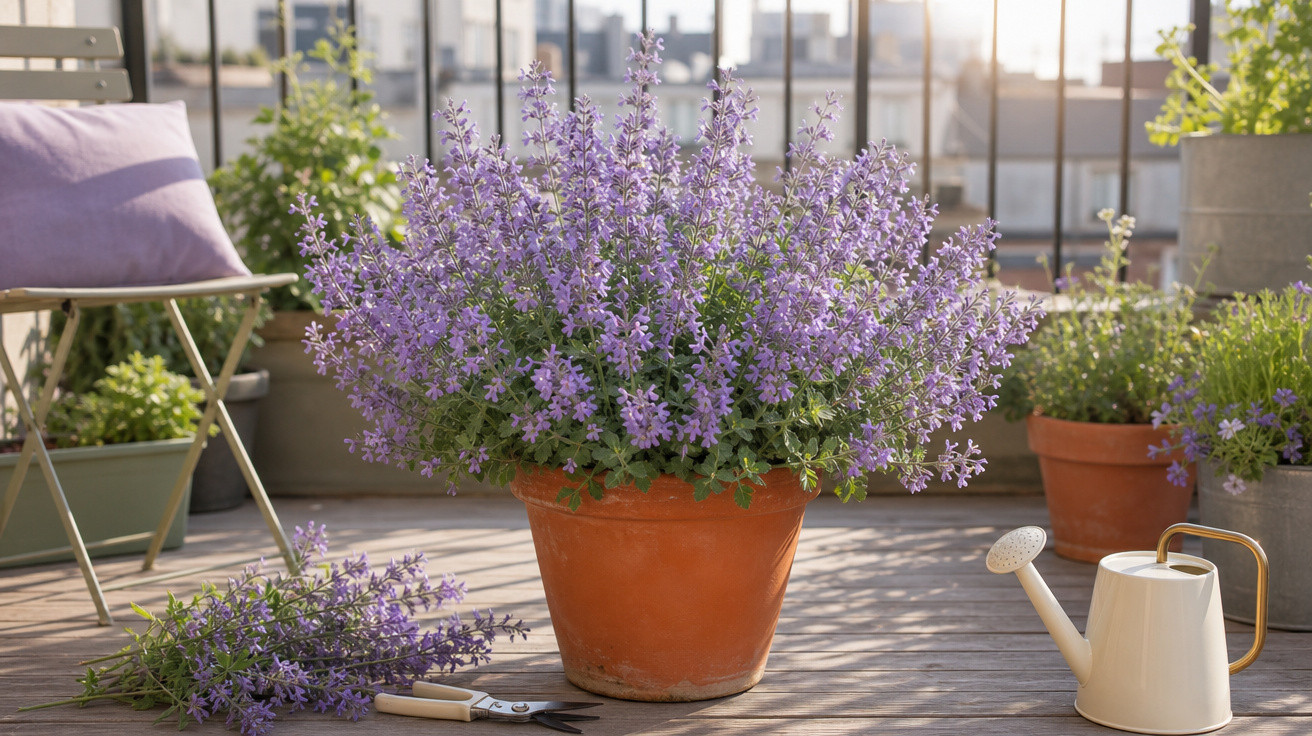 Vaso de flores lilás em terraço de madeira com cadeira, regador e tesoura de poda ao sol da tarde.