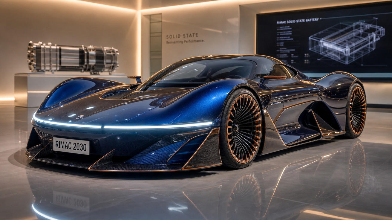 Automóvel desportivo elétrico azul Rimac 2030 com design futurista em exposição interior.