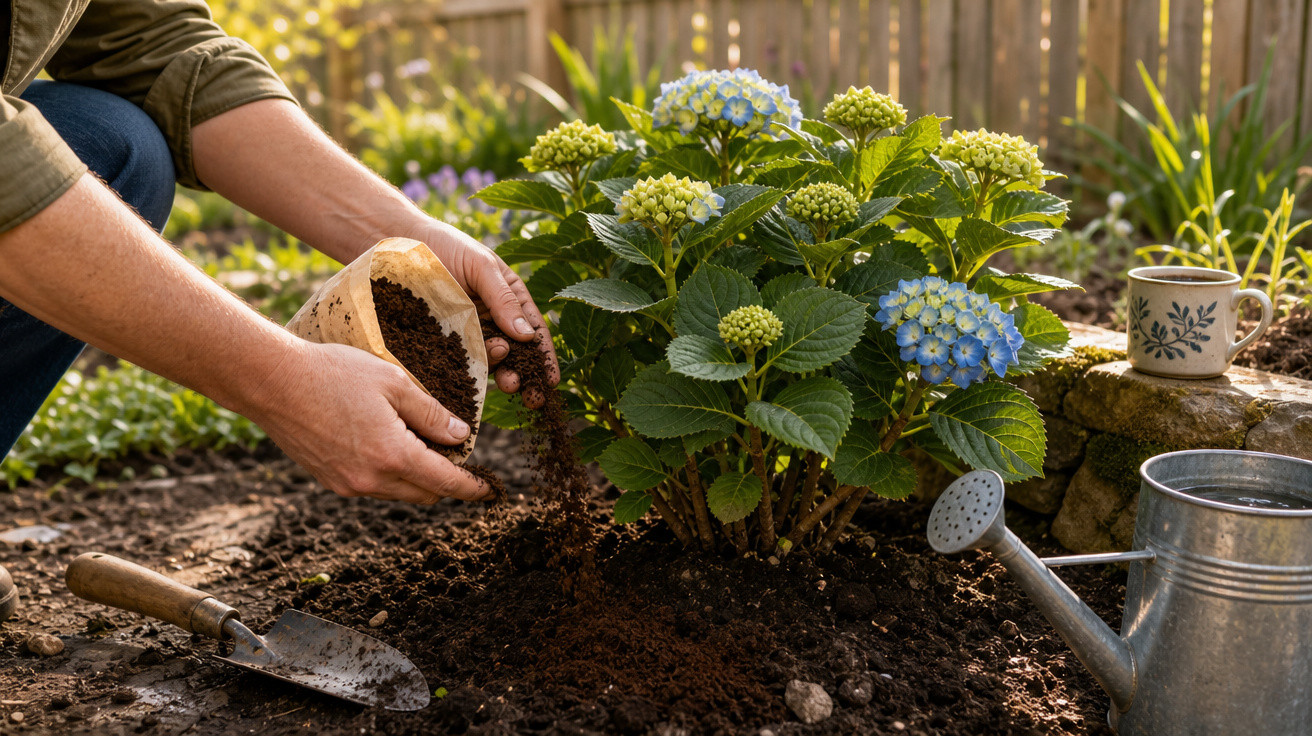 Mãos a plantar hortênsia azul num jardim, com terra, regador e colher de jardinagem próximas.