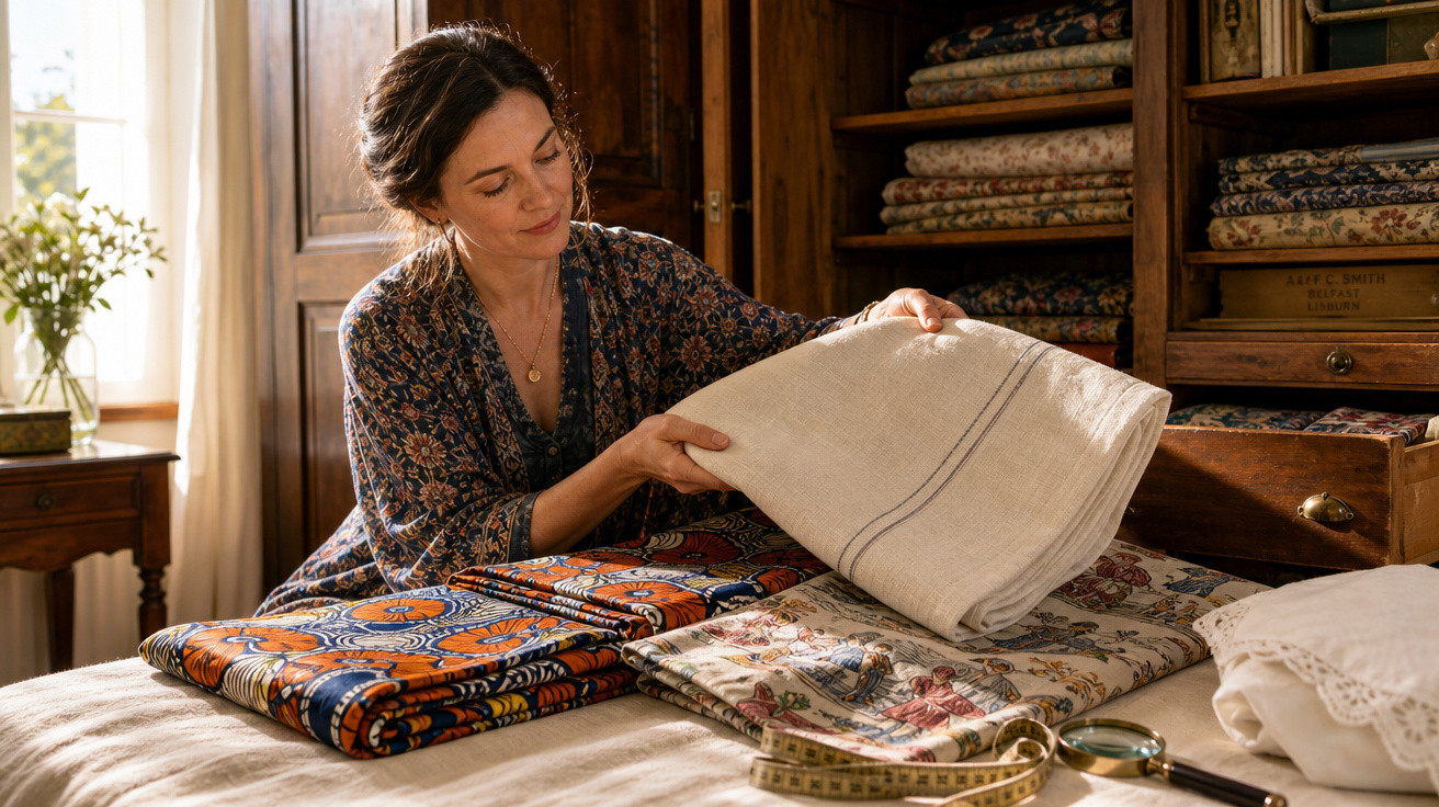 Mulher a manusear tecidos variados num quarto com móveis rústicos e luz natural a entrar pela janela.