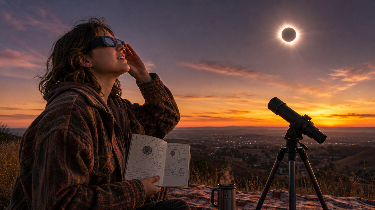 Pessoa com óculos de proteção observa eclipse solar com telescópio ao pôr do sol no campo.