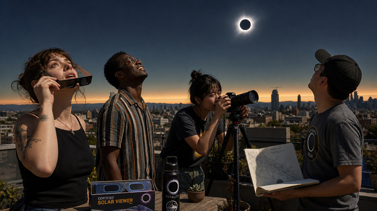 Quatro pessoas observam e fotografam um eclipse solar total numa cidade ao entardecer.