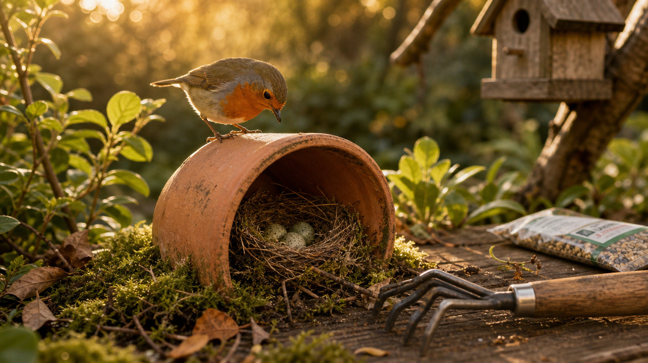 Pássaro num vaso de barro com ninho e ovos, ao lado de uma ferramenta de jardim e uma casinha de pássaros.