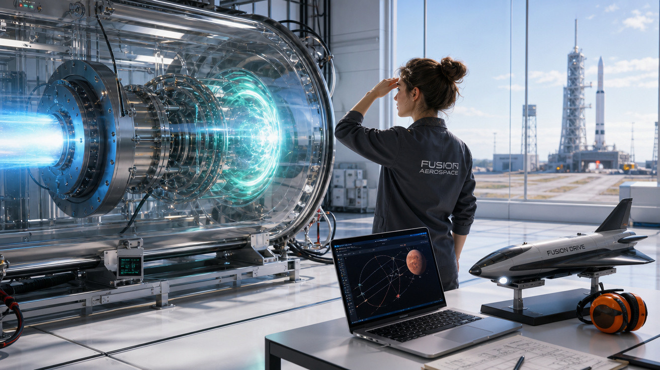 Mulher a observar teste tecnológico de motor futurista em laboratório com foguete e modelo de nave espacial.