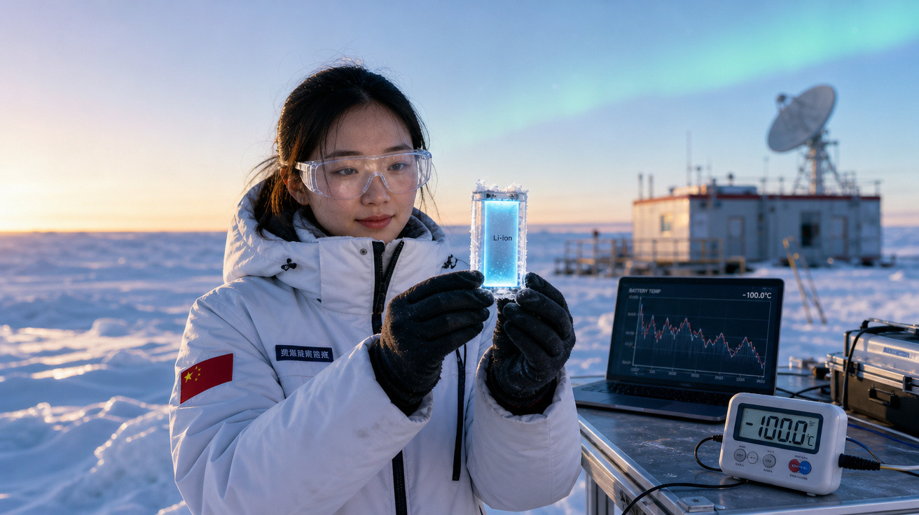 Mulher cientista segura bateria de lítio numa paisagem gelada, com monitor a mostrar -100°C ao fundo.