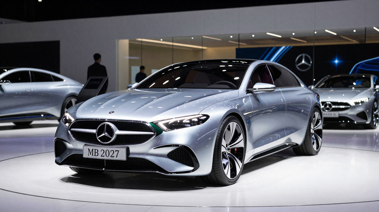Carro elétrico Mercedes-Benz prata exposto em salão automóvel moderno com destaque para design futurista.