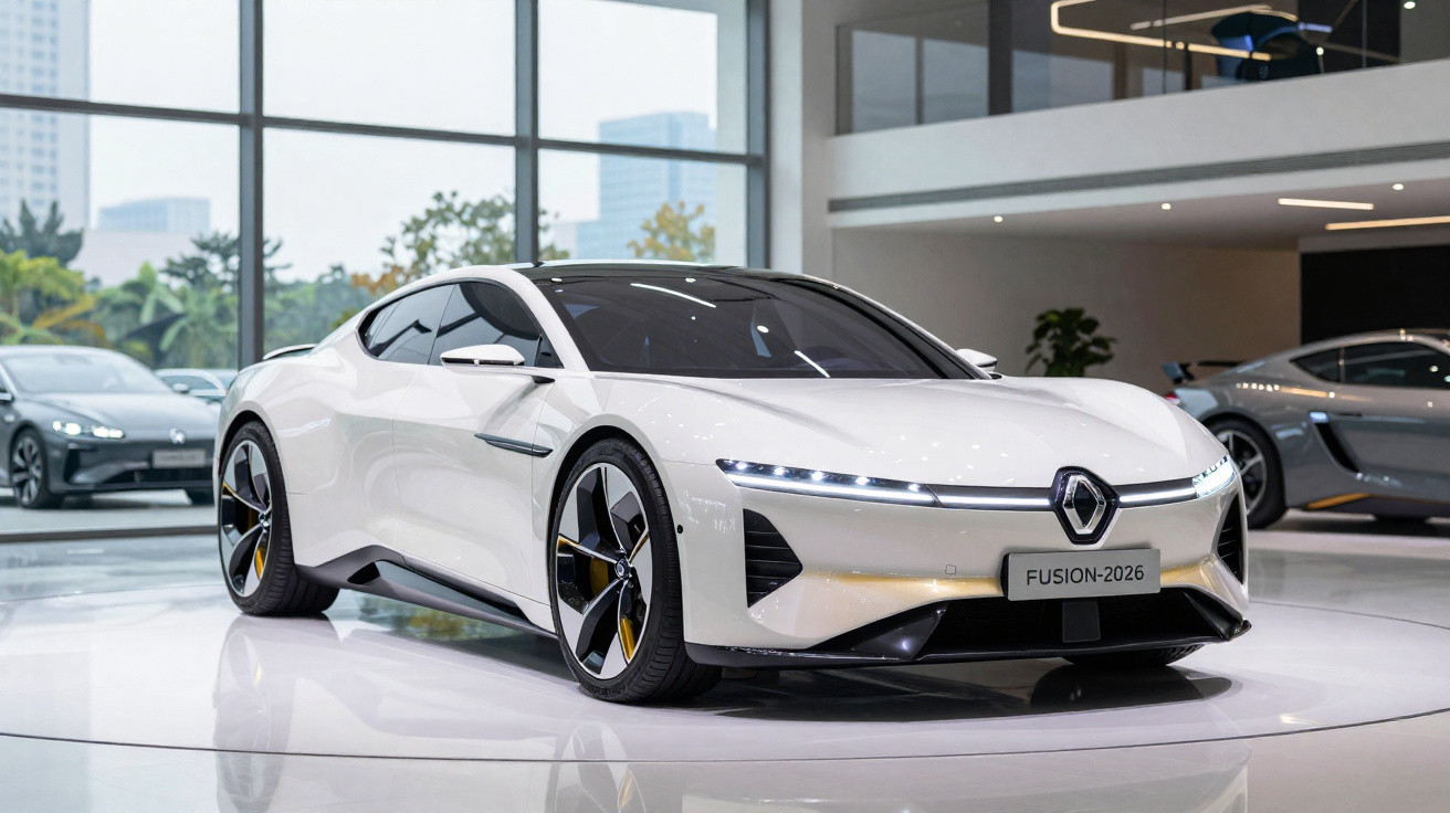 Carro desportivo branco elétrico Renault Fusion-2026 em exposição numa sala moderna e luminosa.