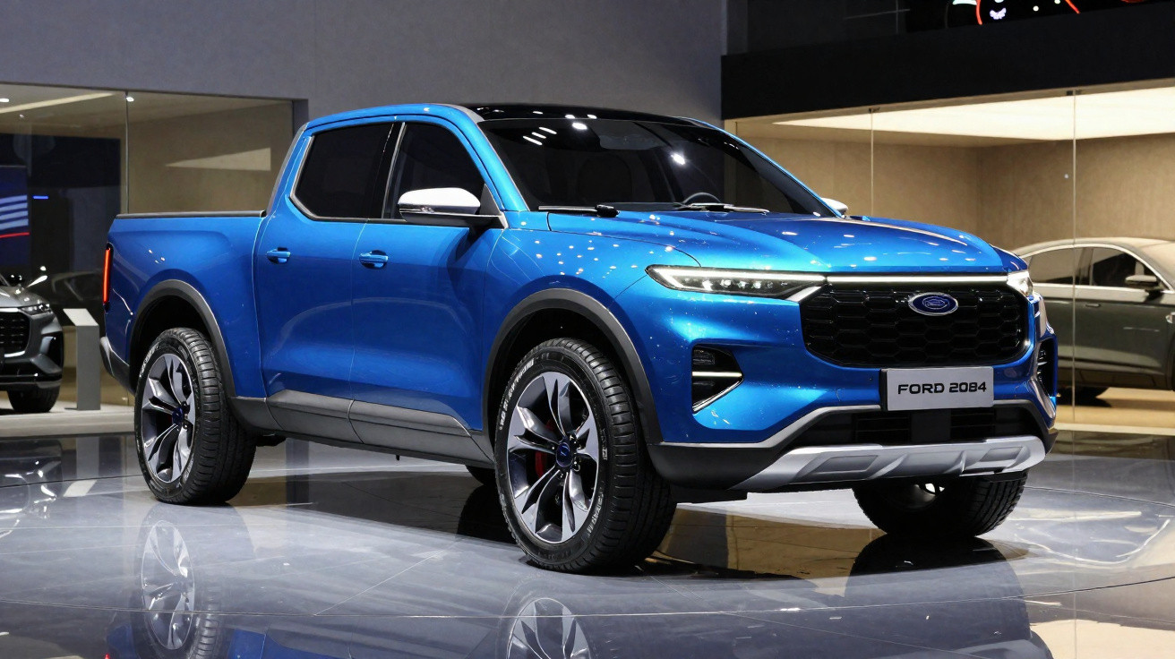 Picape azul Ford 2084 exibida em salão automóvel com design moderno e faróis LED.