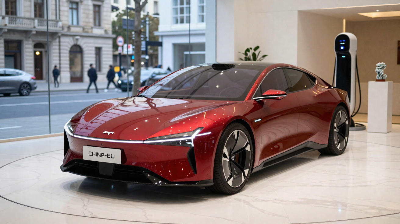 Carro elétrico desportivo vermelho brilhante estacionado numa sala moderna com posto de carregamento.