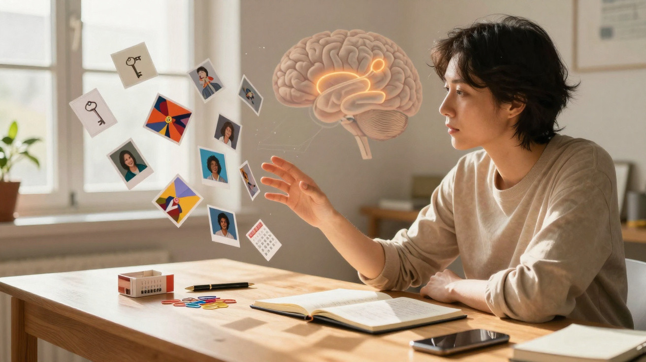 Pessoa a estudar com imagens e circuito cerebral holográfico a flutuar sobre mesa de madeira.