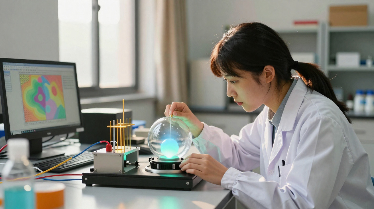 Mulher cientista a realizar experimento com esfera luminosa num laboratório moderno.