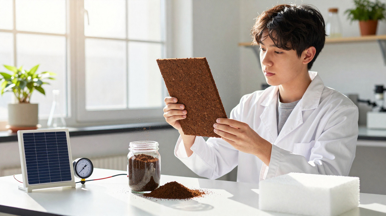 Cientista jovem analisa amostra de solo em laboratório com painel solar e jarro ao lado.
