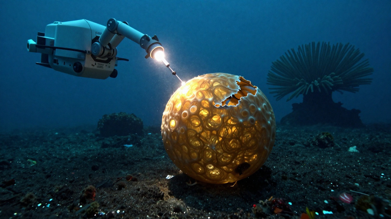 Braço robótico submarino a examinar uma estrutura esférica luminosa no fundo do mar.