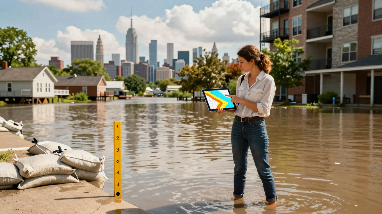 Mulher com tablet observa cheia em zona urbana alagada com prédios e saco de areia ao fundo.