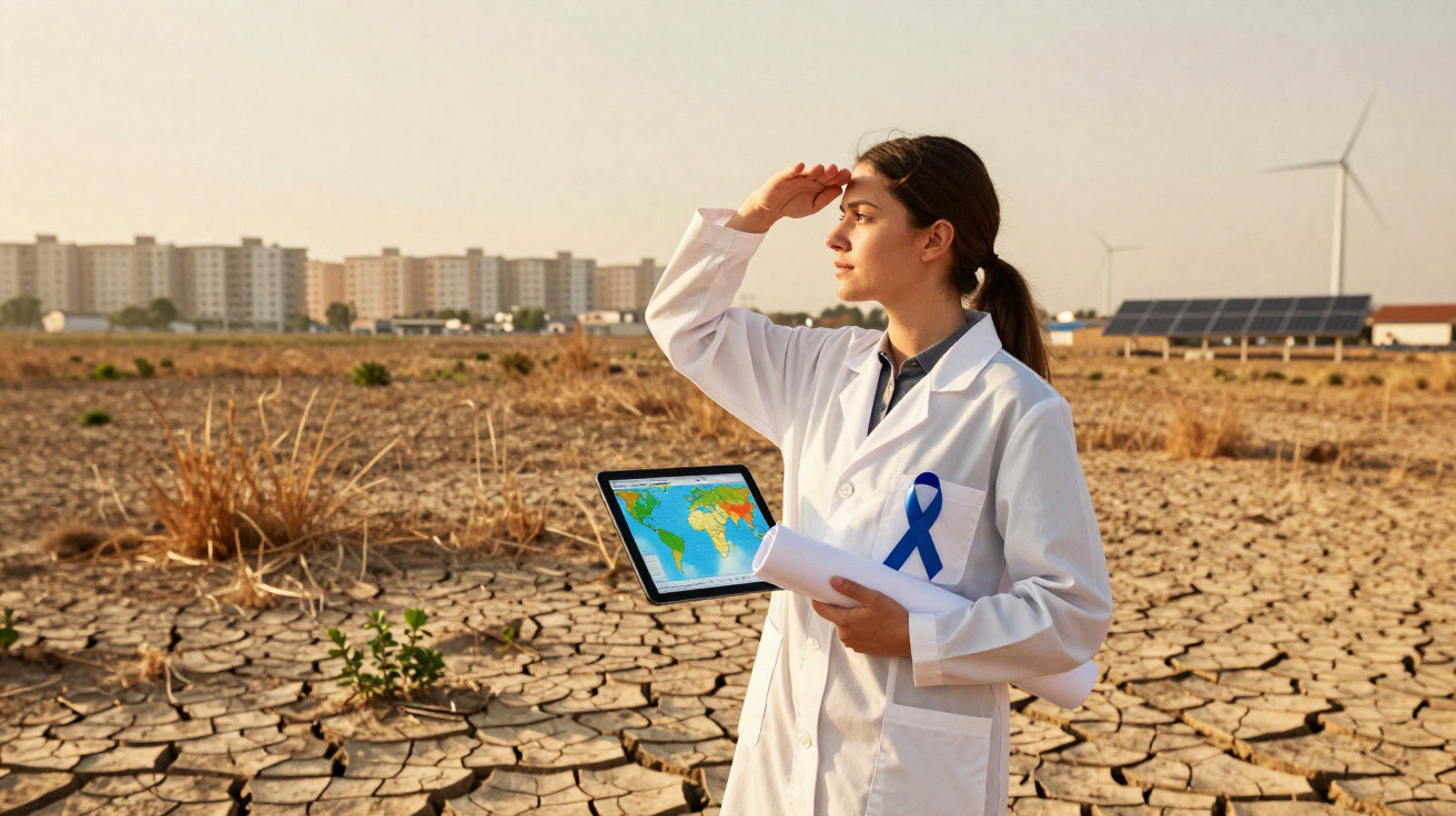 Mulher cientista de branco com fita azul observa terreno seco e rachado, segurando tablet com mapa climático.